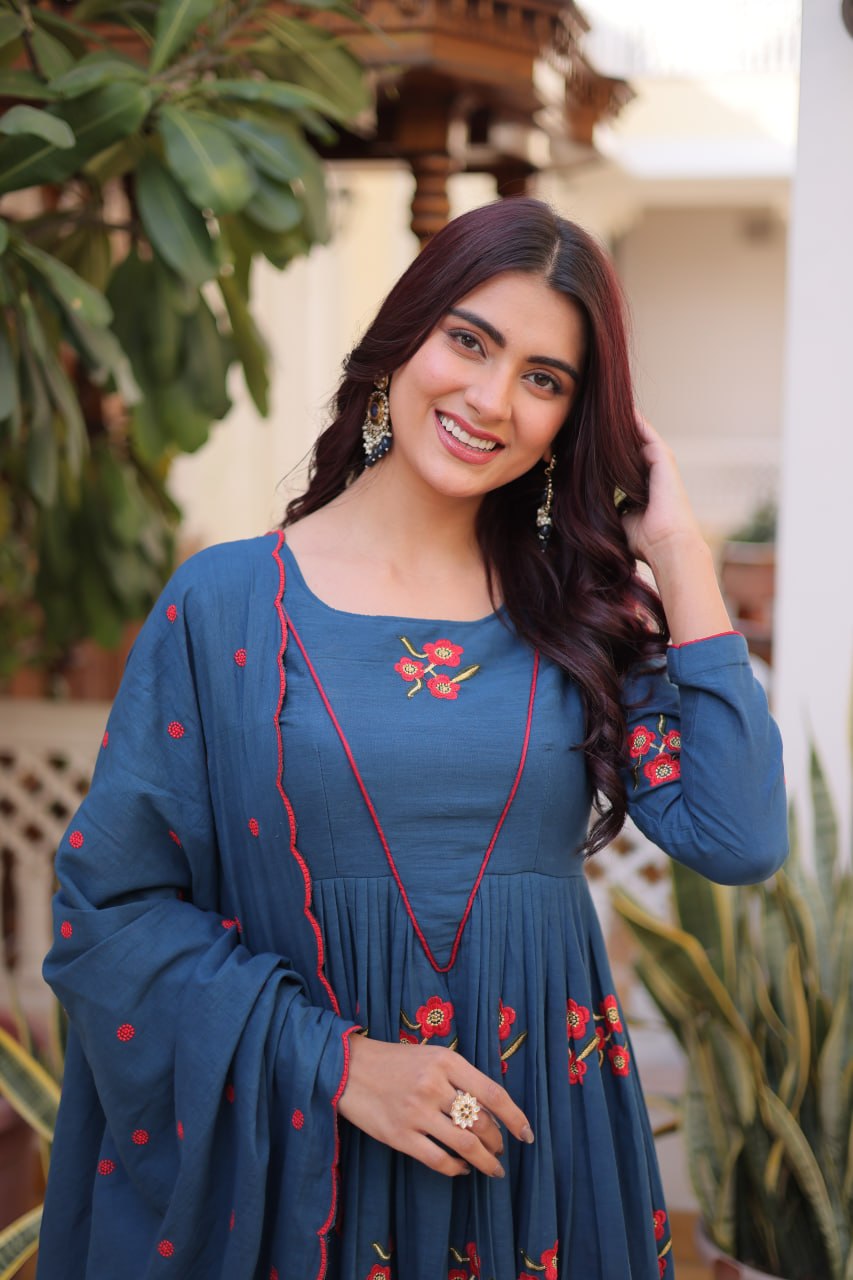 Teal Azure Floral Embroidered Anarkali Suit Set