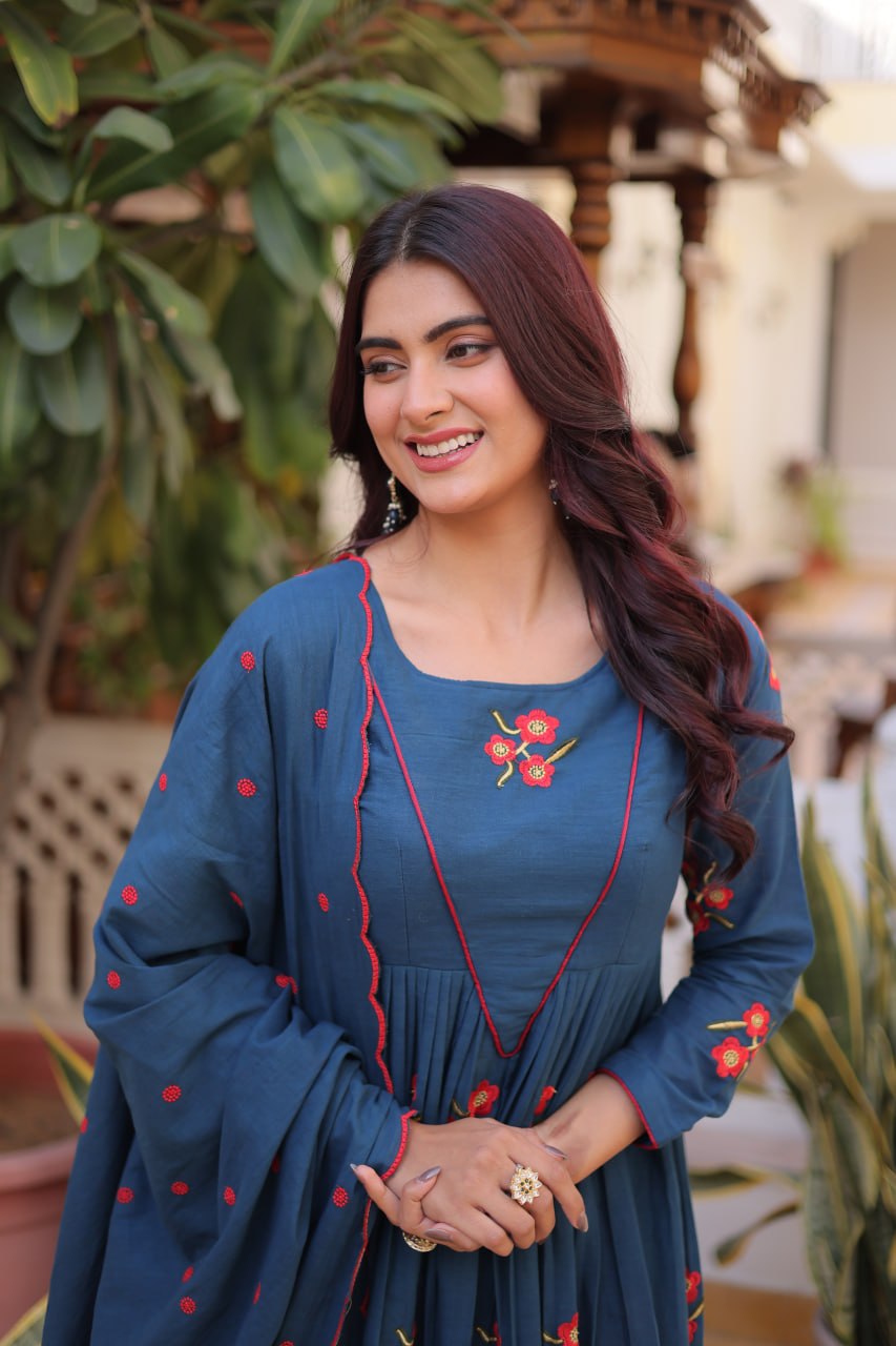 Teal Azure Floral Embroidered Anarkali Suit Set