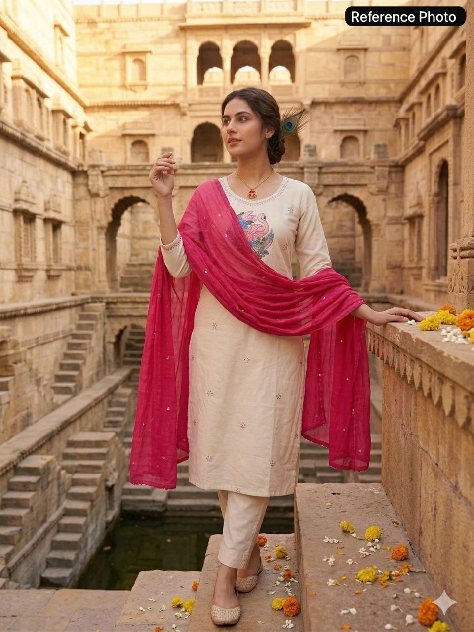 Ivory Khadi Cotton Straight Suit with Embroidered Art & Contrast Dupatta
