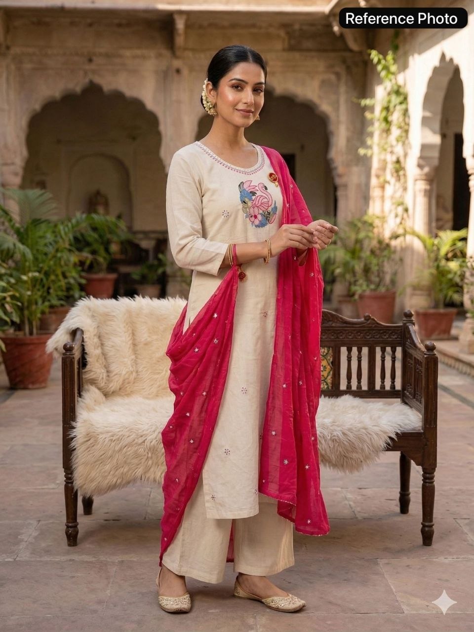 Ivory Khadi Cotton Straight Suit with Embroidered Art & Contrast Dupatta