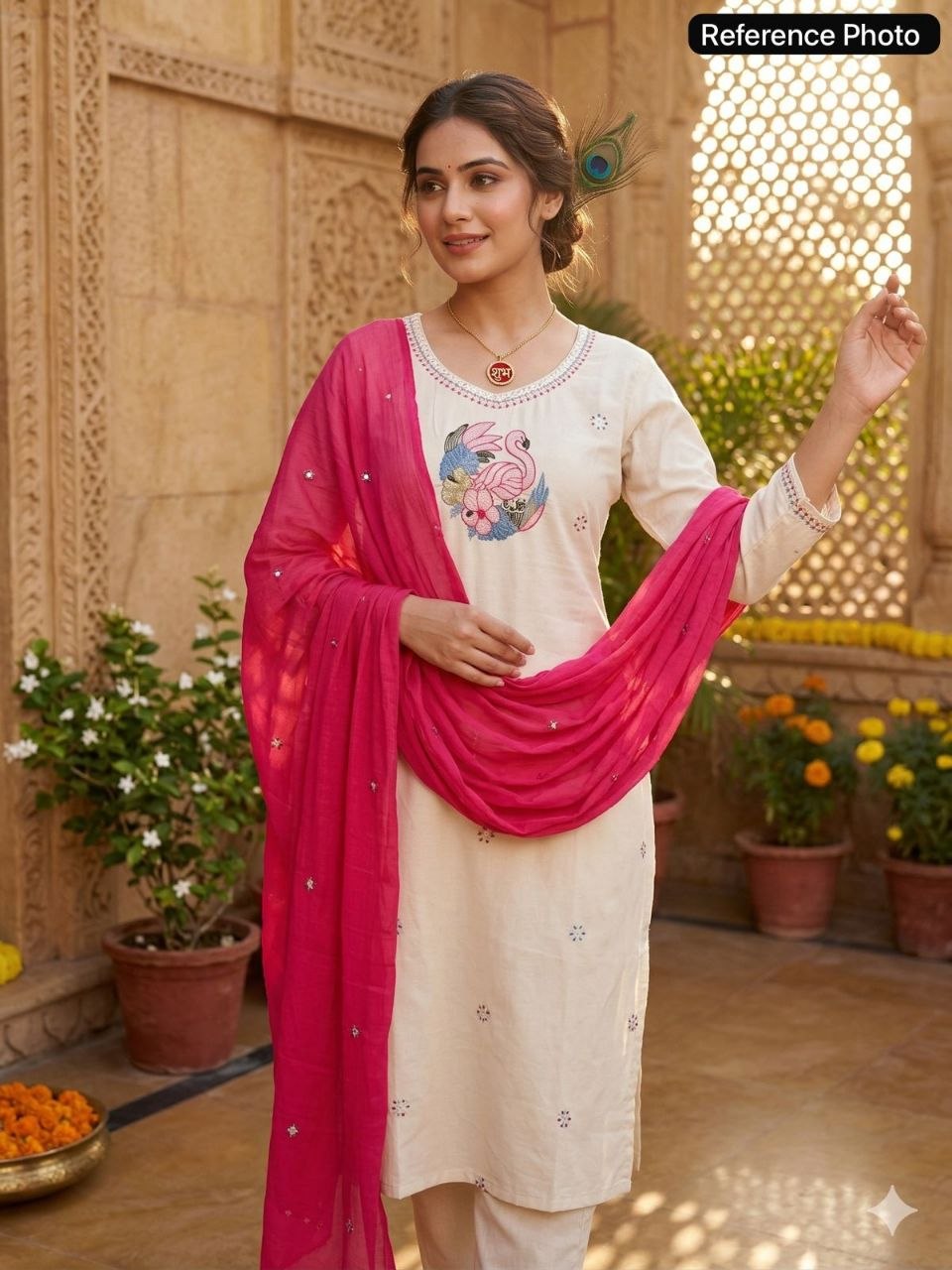Ivory Khadi Cotton Straight Suit with Embroidered Art & Contrast Dupatta