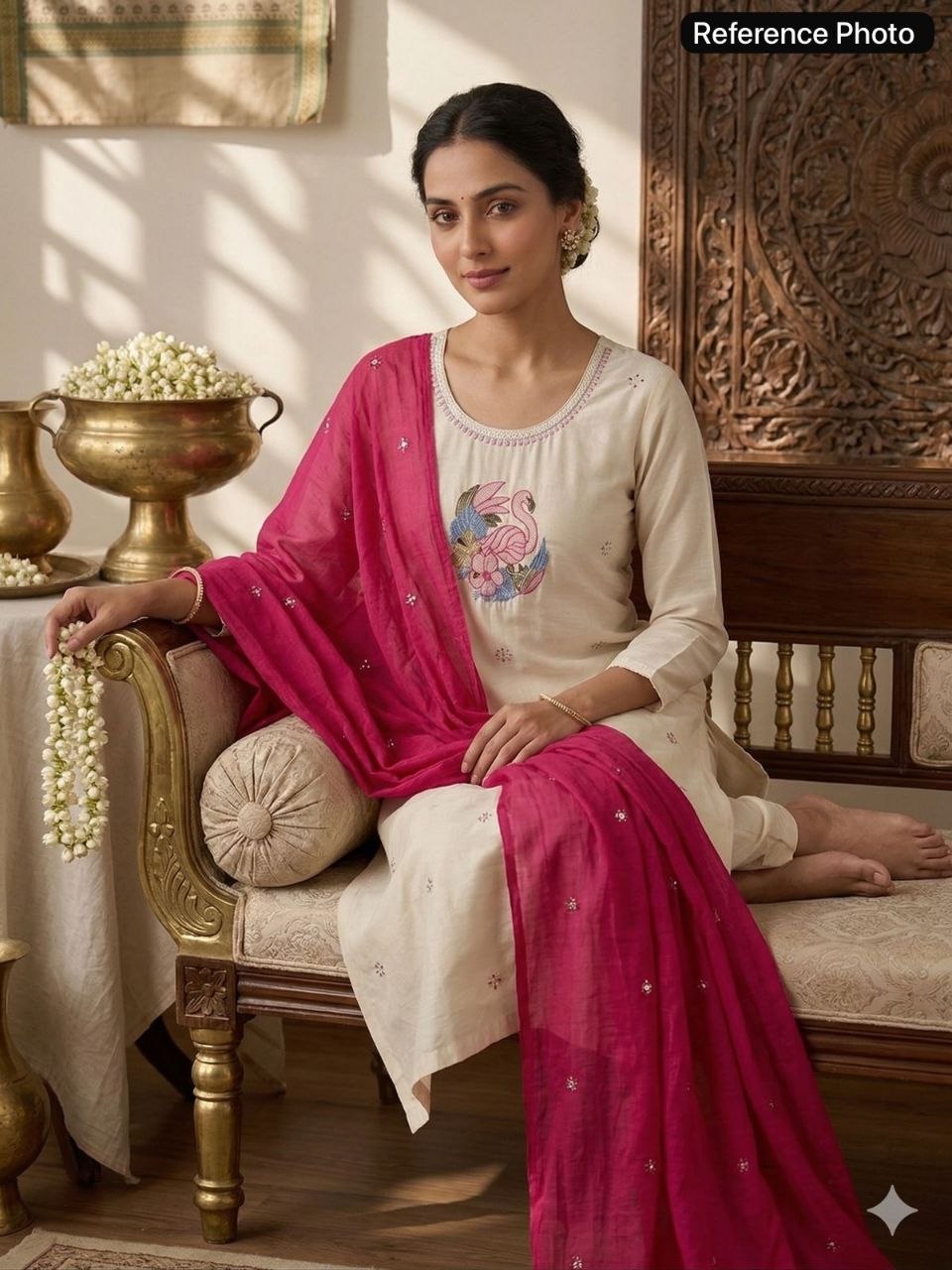 Ivory Khadi Cotton Straight Suit with Embroidered Art & Contrast Dupatta