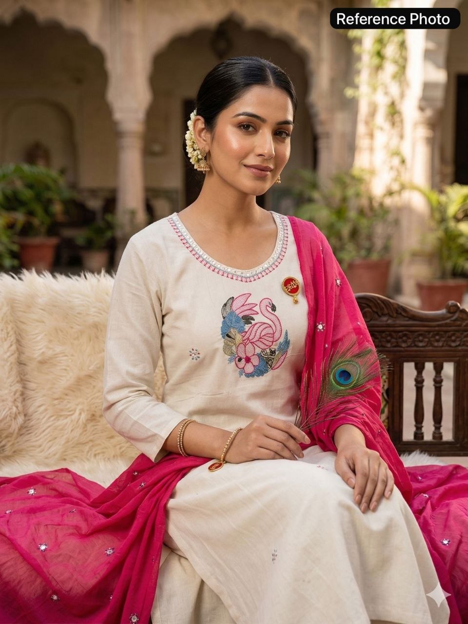 Ivory Khadi Cotton Straight Suit with Embroidered Art & Contrast Dupatta