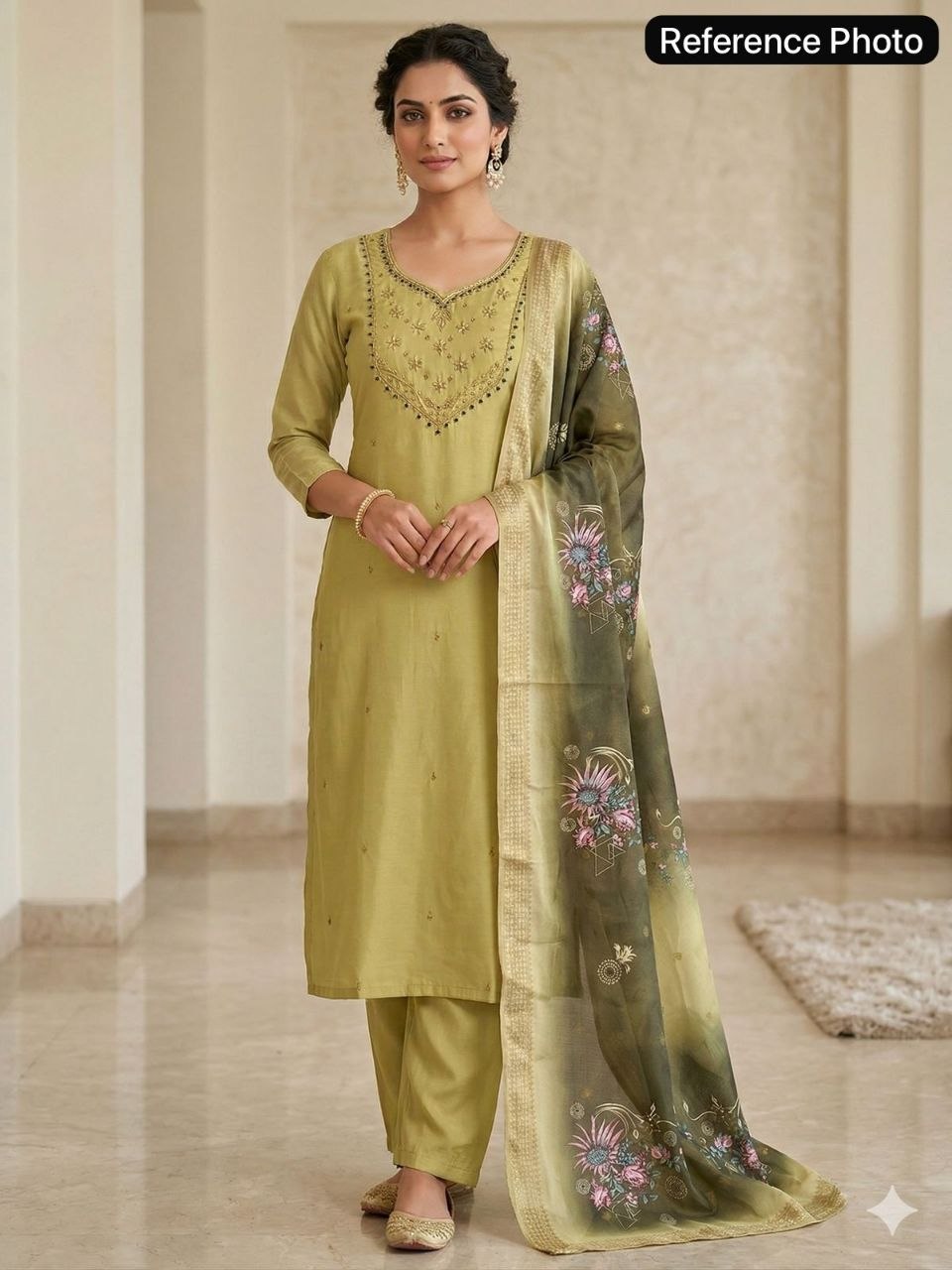 Olive Green Chanderi Silk Kurta Set with Zari Embroidery & Floral Ombre Dupatta