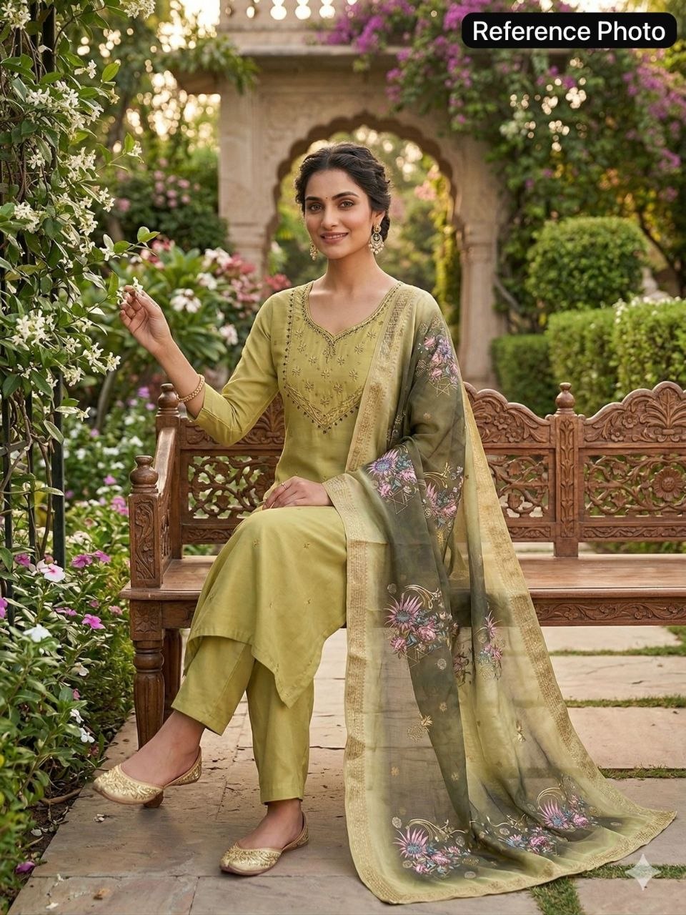 Olive Green Chanderi Silk Kurta Set with Zari Embroidery & Floral Ombre Dupatta