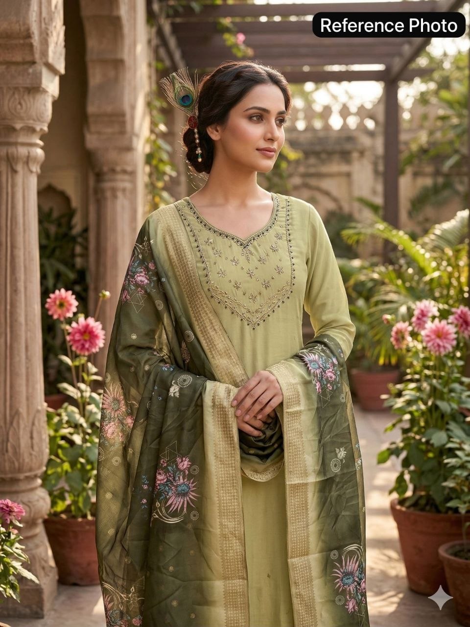 Olive Green Chanderi Silk Kurta Set with Zari Embroidery & Floral Ombre Dupatta