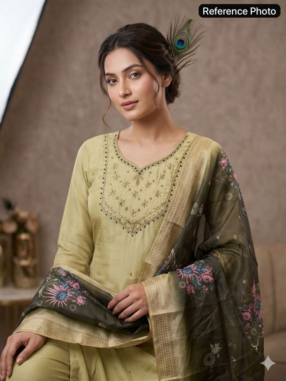 Olive Green Chanderi Silk Kurta Set with Zari Embroidery & Floral Ombre Dupatta