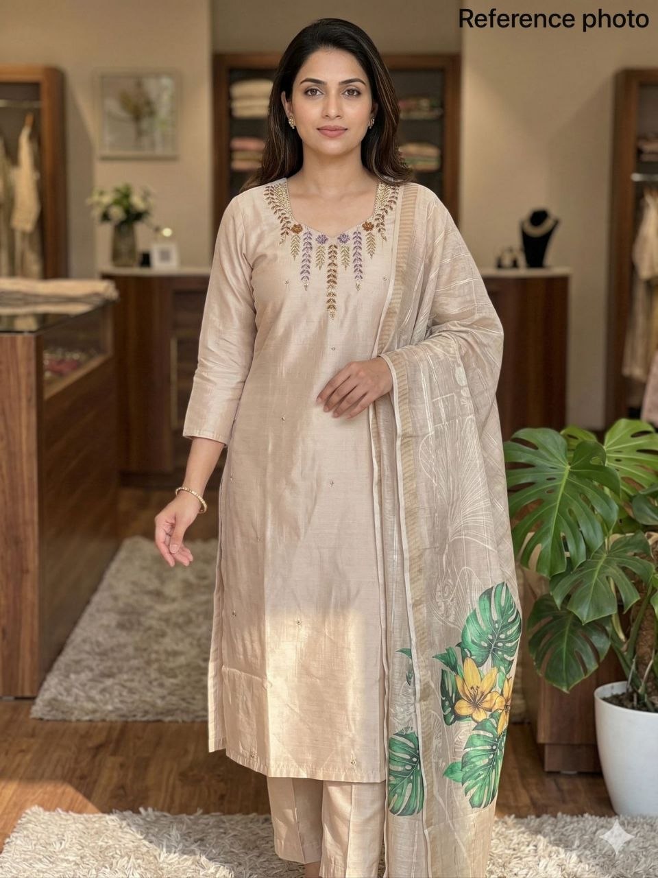 Ivory Beige Chanderi Silk Kurta Set with Hand-Embroidered Neckline & Floral Printed Dupatta