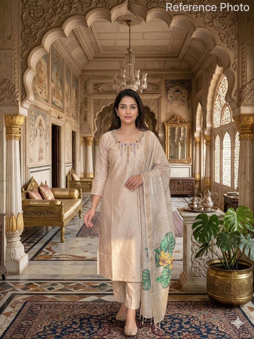 Ivory Beige Chanderi Silk Kurta Set with Hand-Embroidered Neckline & Floral Printed Dupatta