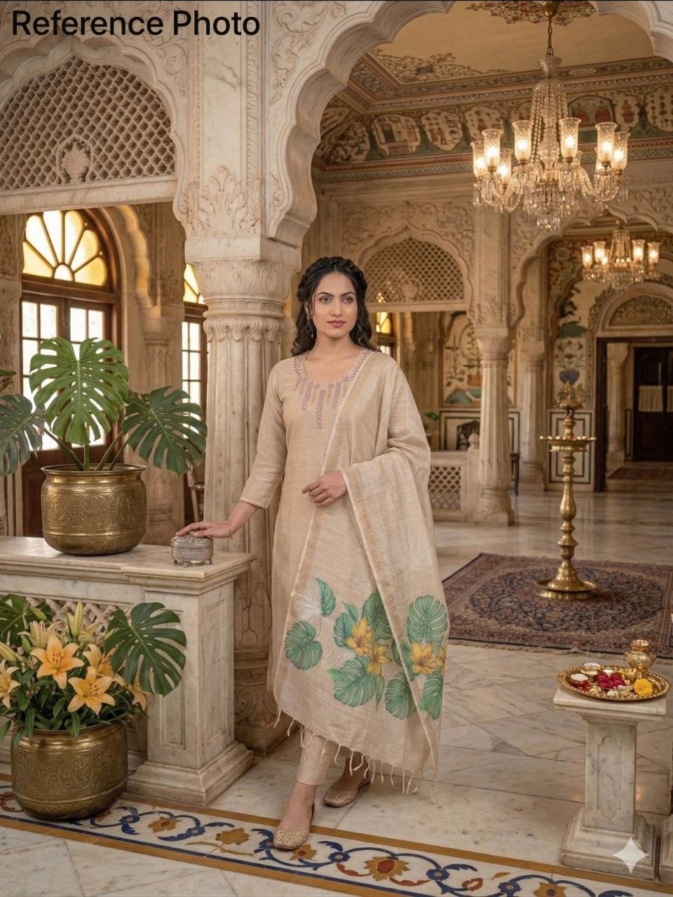 Ivory Beige Chanderi Silk Kurta Set with Hand-Embroidered Neckline & Floral Printed Dupatta