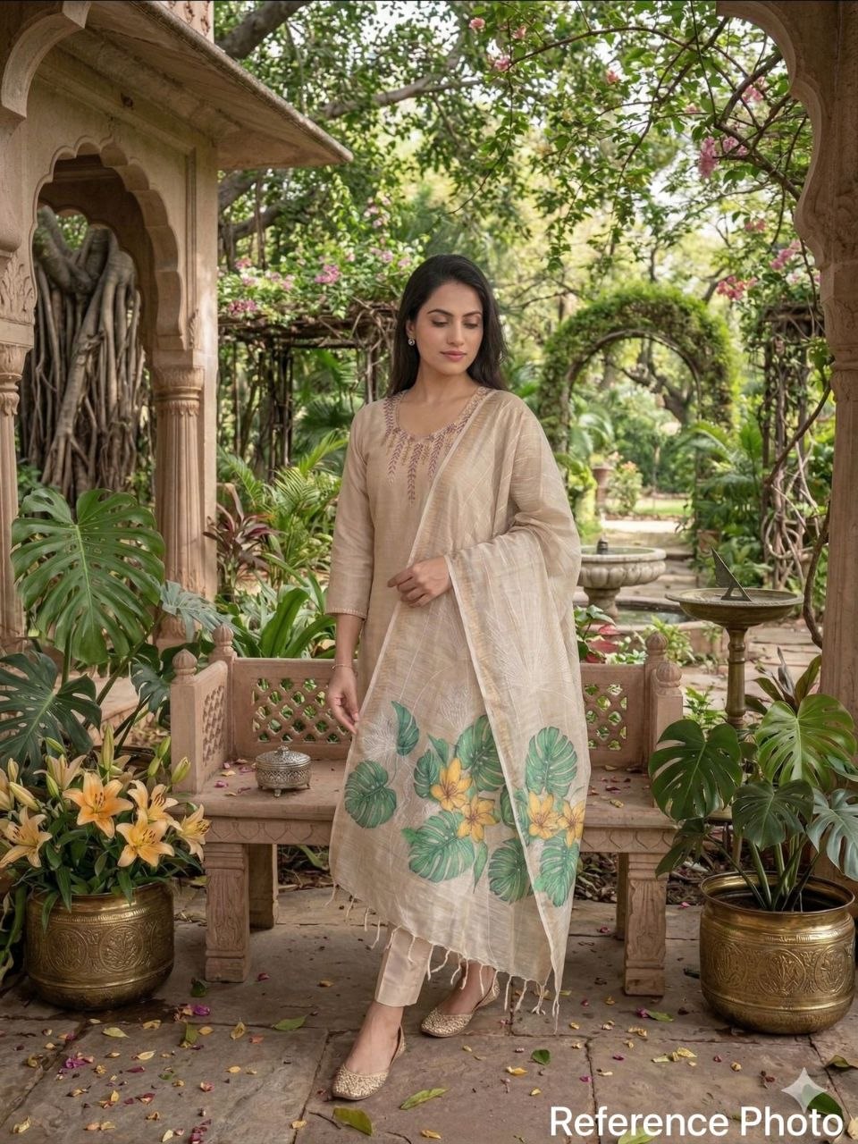 Ivory Beige Chanderi Silk Kurta Set with Hand-Embroidered Neckline & Floral Printed Dupatta