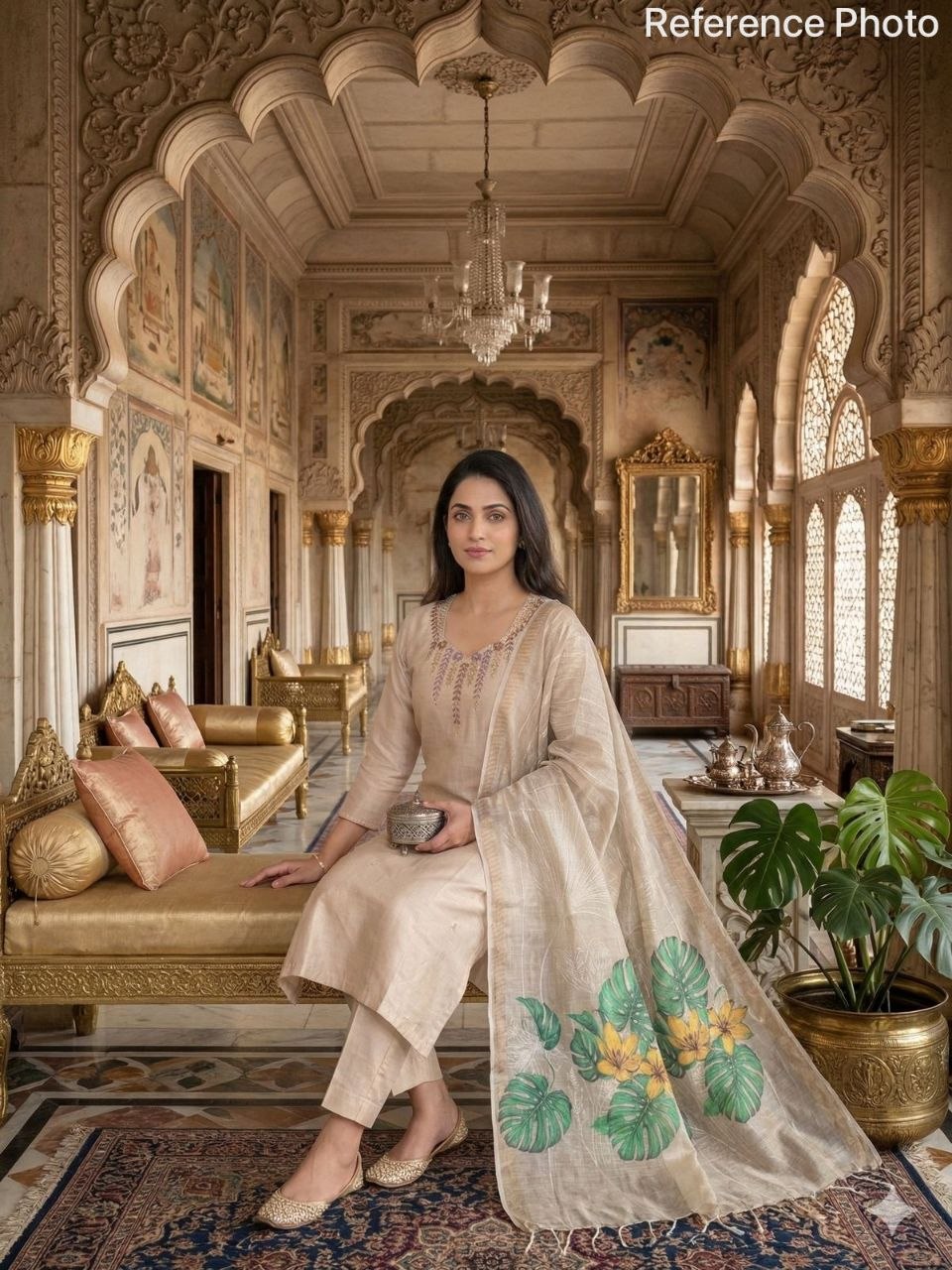 Ivory Beige Chanderi Silk Kurta Set with Hand-Embroidered Neckline & Floral Printed Dupatta