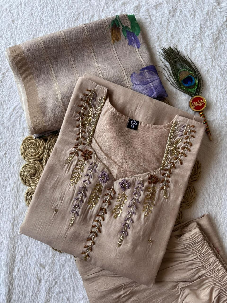 Ivory Beige Chanderi Silk Kurta Set with Hand-Embroidered Neckline & Floral Printed Dupatta