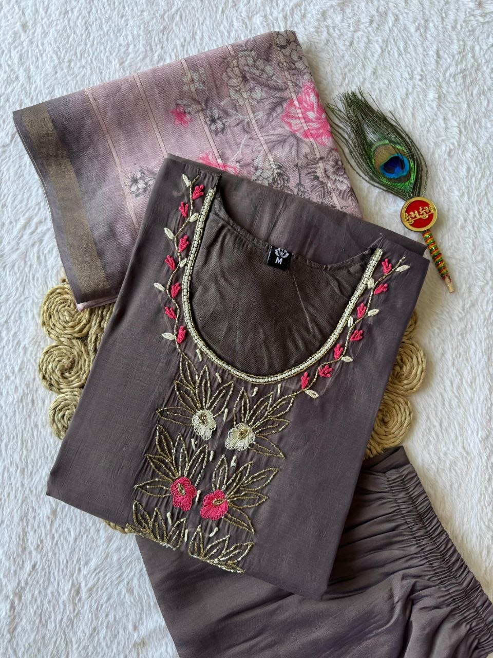 Charcoal Brown Chanderi Silk Suit with Zari Work & Striped Organza Dupatta