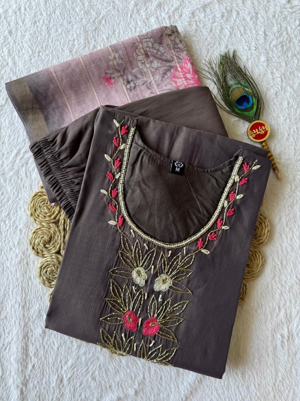 Charcoal Brown Chanderi Silk Suit with Zari Work & Striped Organza Dupatta