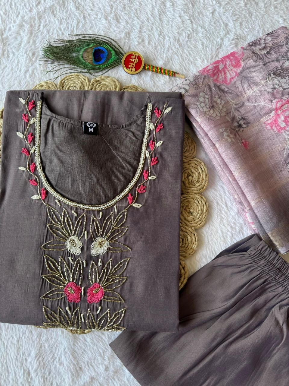 Charcoal Brown Chanderi Silk Suit with Zari Work & Striped Organza Dupatta