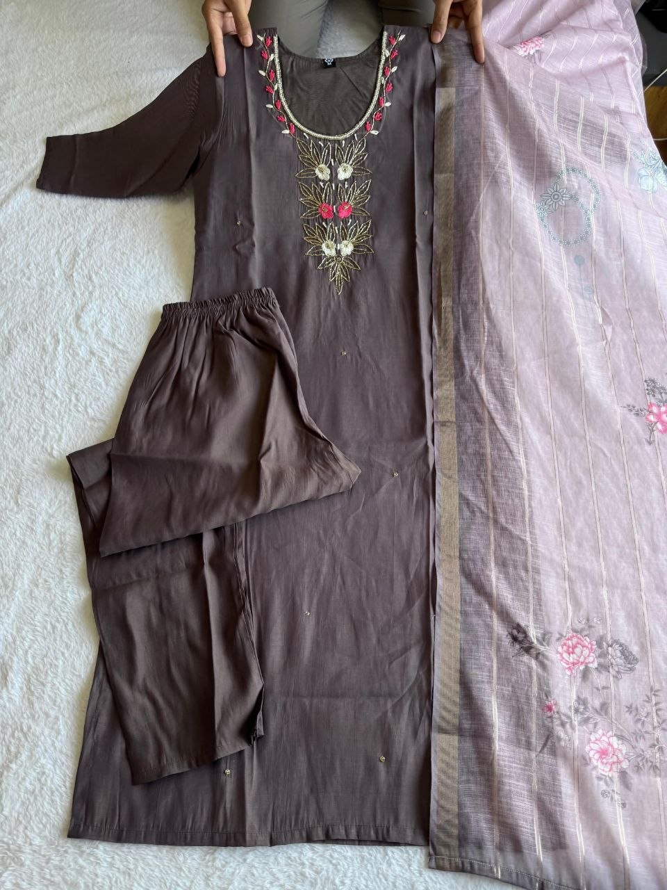 Charcoal Brown Chanderi Silk Suit with Zari Work & Striped Organza Dupatta