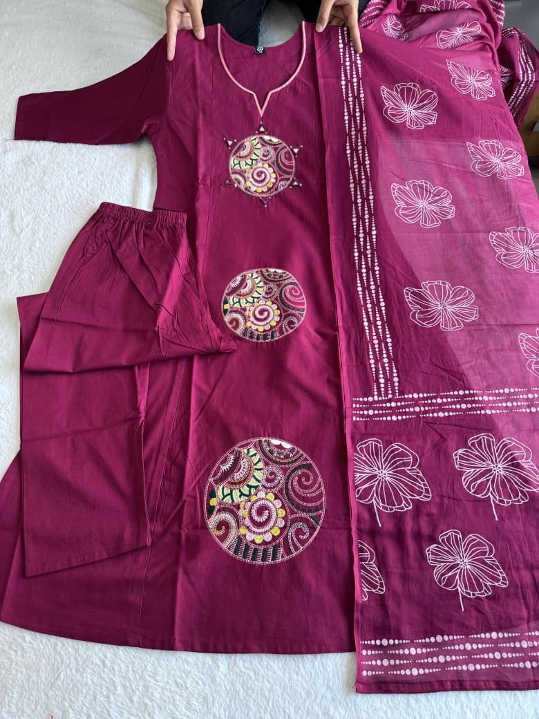 Magenta Pink Cotton Kurta Set with Mandala Applique Work & Floral Dupatta
