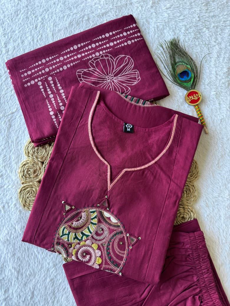 Magenta Pink Cotton Kurta Set with Mandala Applique Work & Floral Dupatta