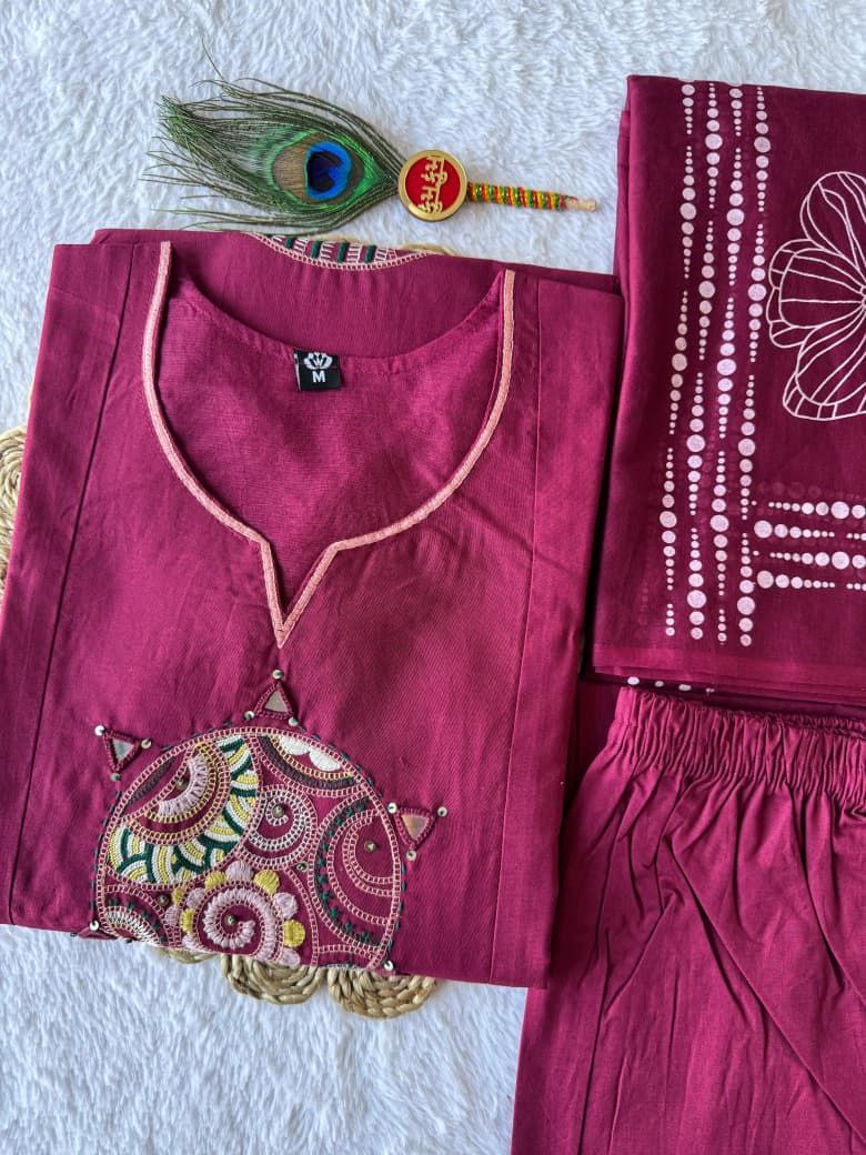 Magenta Pink Cotton Kurta Set with Mandala Applique Work & Floral Dupatta