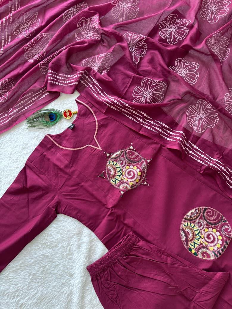 Magenta Pink Cotton Kurta Set with Mandala Applique Work & Floral Dupatta