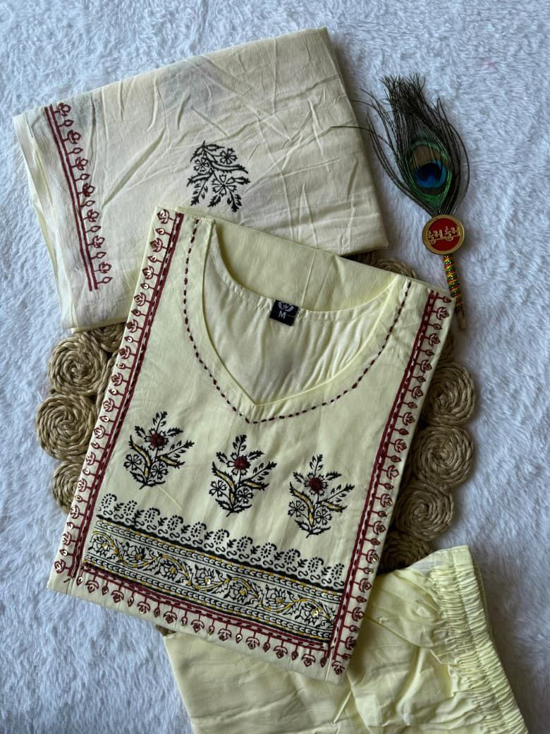 Pale Yellow Cotton Kurta Set with Ethnic Butti Prints & Bordered Dupatta