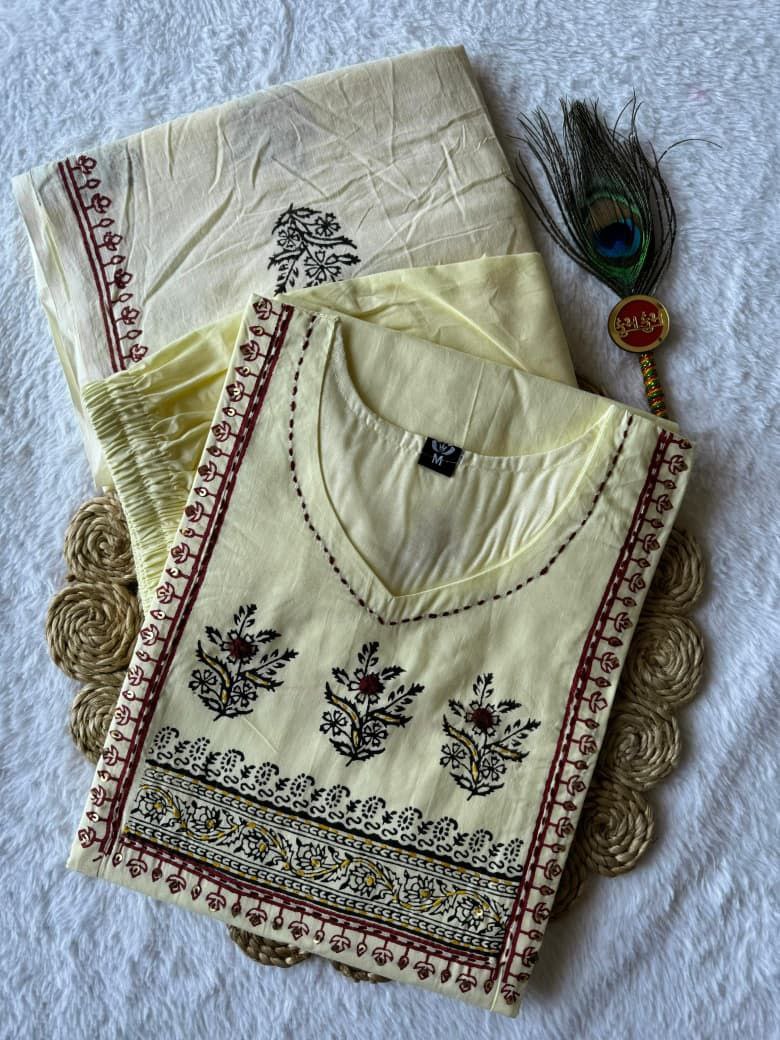 Pale Yellow Cotton Kurta Set with Ethnic Butti Prints & Bordered Dupatta