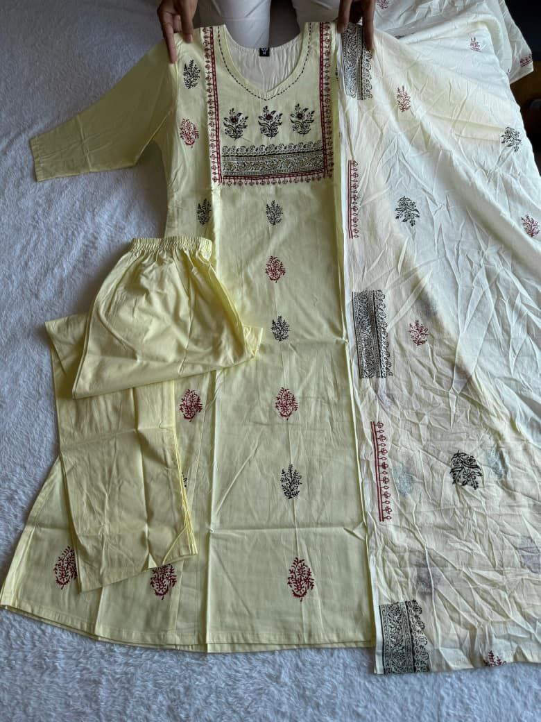 Pale Yellow Cotton Kurta Set with Ethnic Butti Prints & Bordered Dupatta