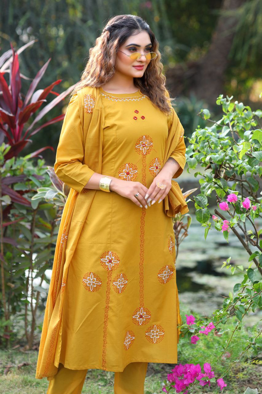 Mustard Yellow Cotton Kurta Set with Bohemian Embroidered Accents