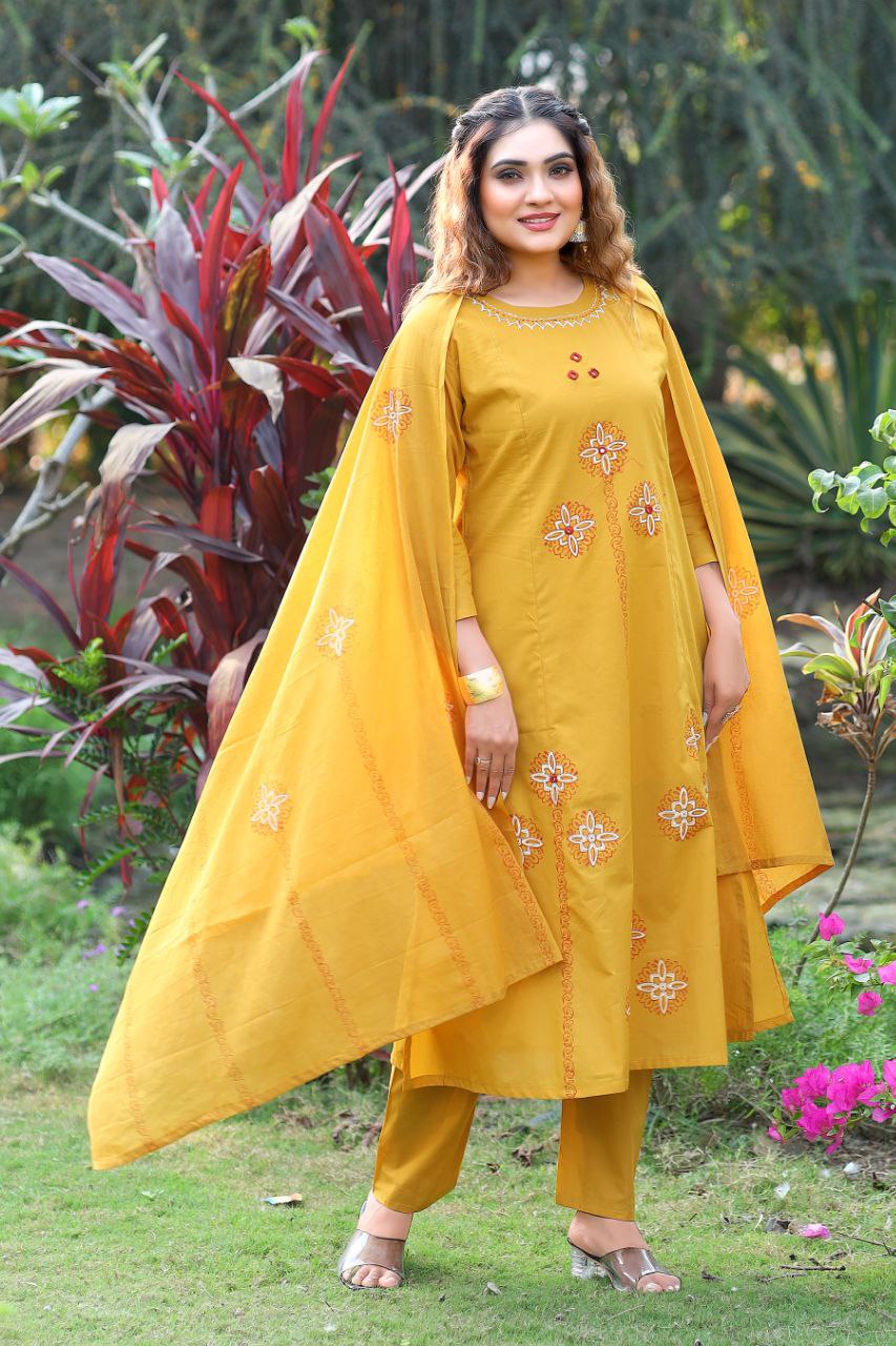 Mustard Yellow Cotton Kurta Set with Bohemian Embroidered Accents