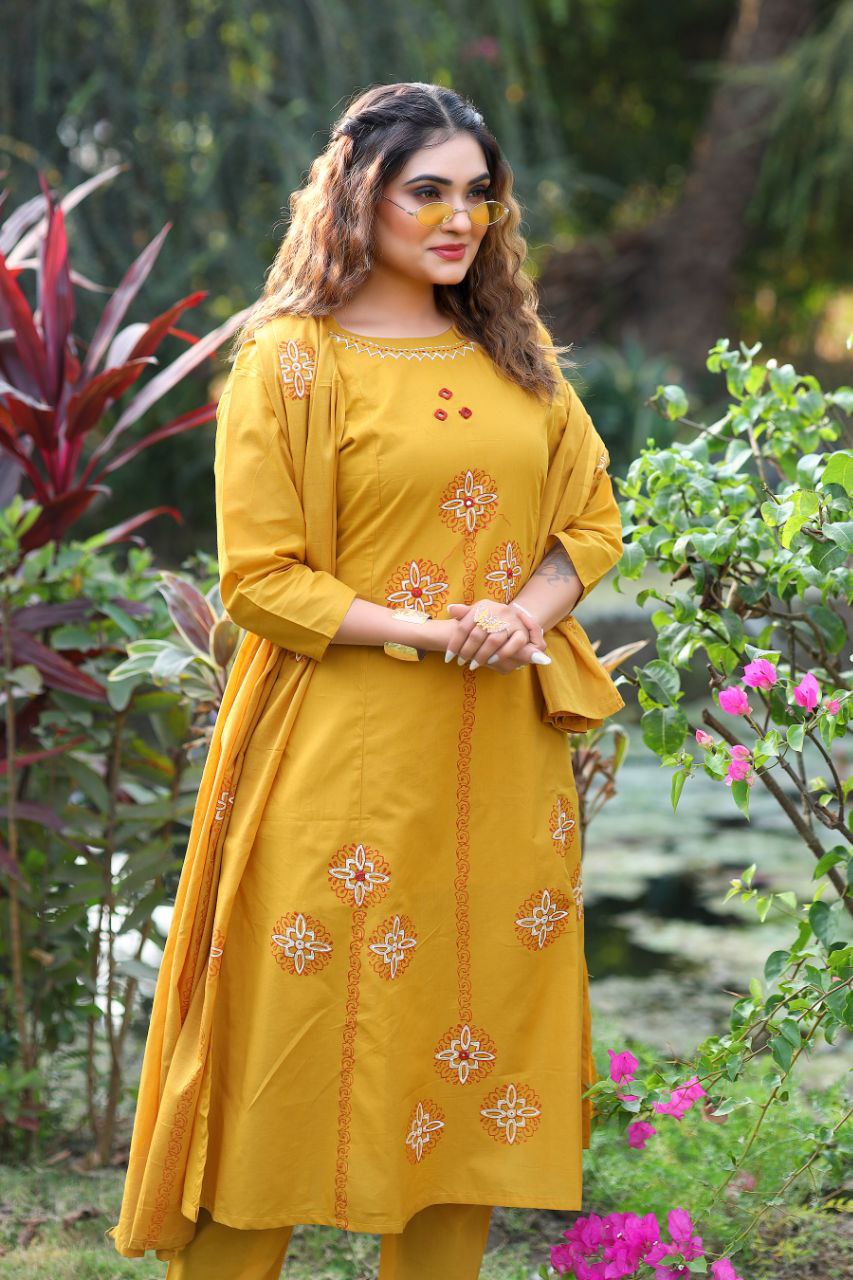 Mustard Yellow Cotton Kurta Set with Bohemian Embroidered Accents