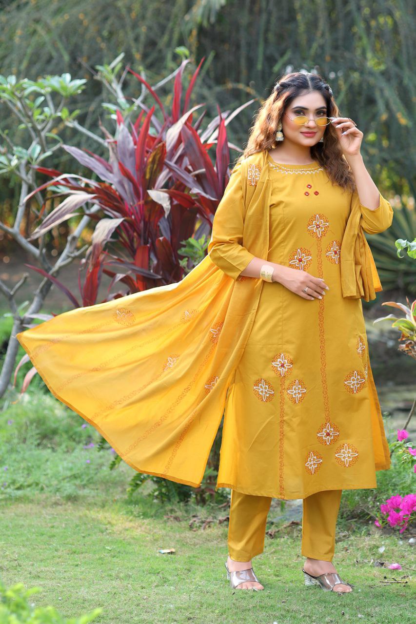 Mustard Yellow Cotton Kurta Set with Bohemian Embroidered Accents