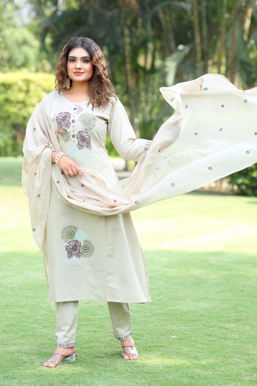 Soft Beige Cotton Kurta Set with Contemporary Floral & Geometric Embroidery
