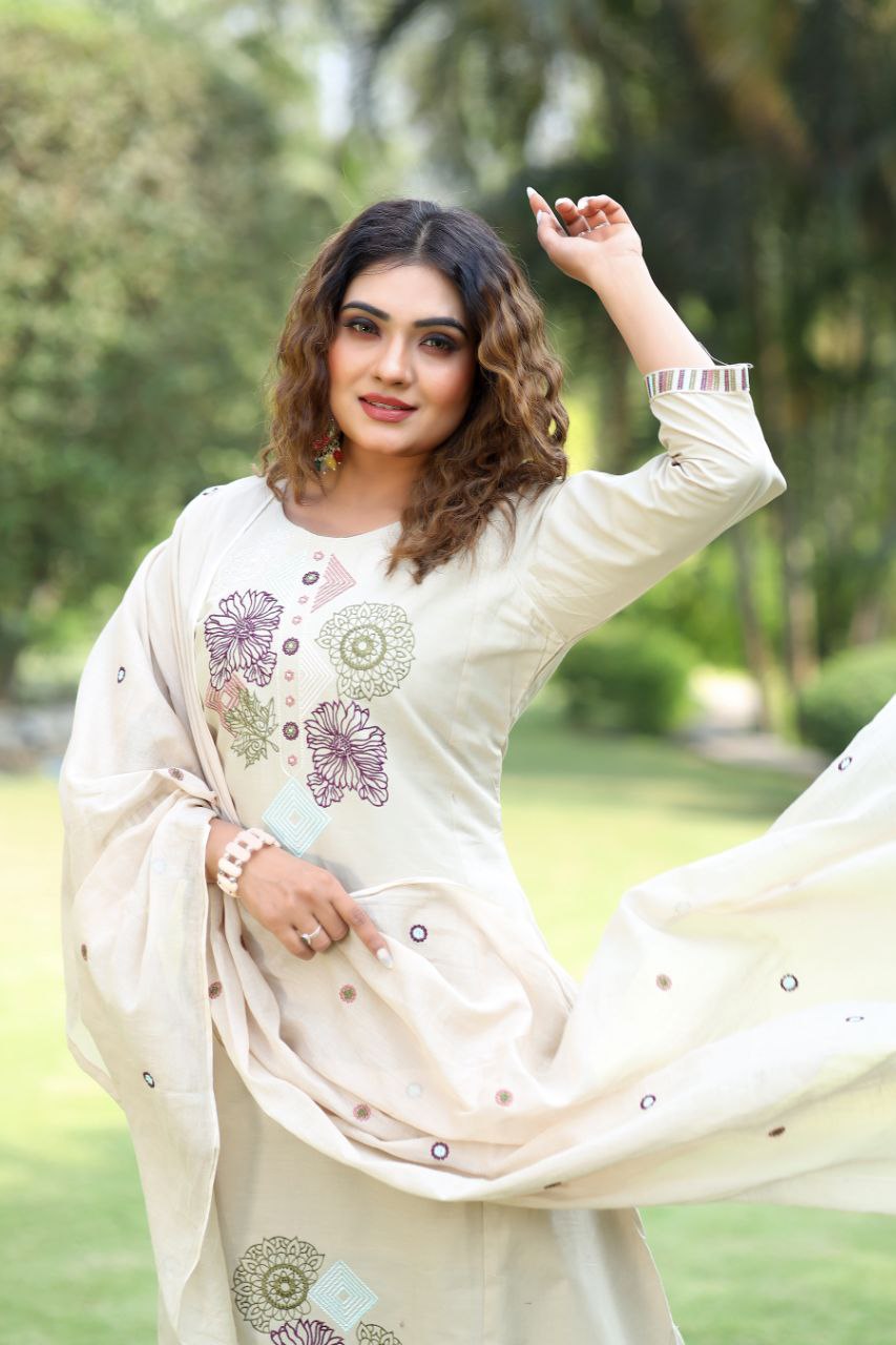 Soft Beige Cotton Kurta Set with Contemporary Floral & Geometric Embroidery