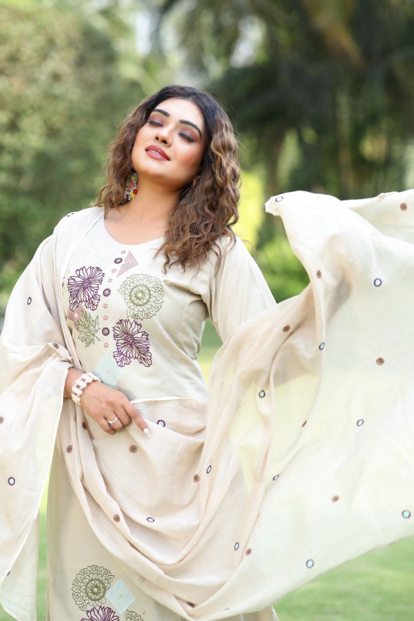 Soft Beige Cotton Kurta Set with Contemporary Floral & Geometric Embroidery