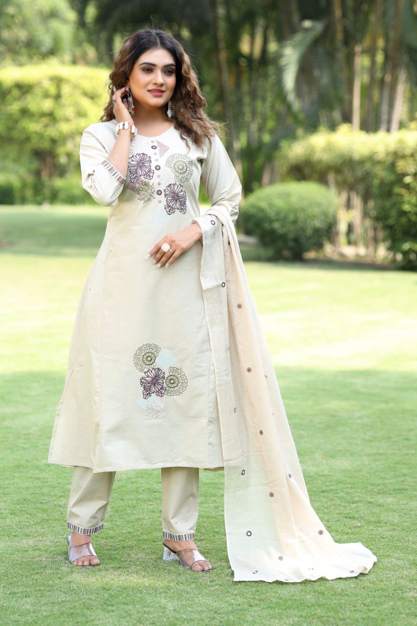Soft Beige Cotton Kurta Set with Contemporary Floral & Geometric Embroidery