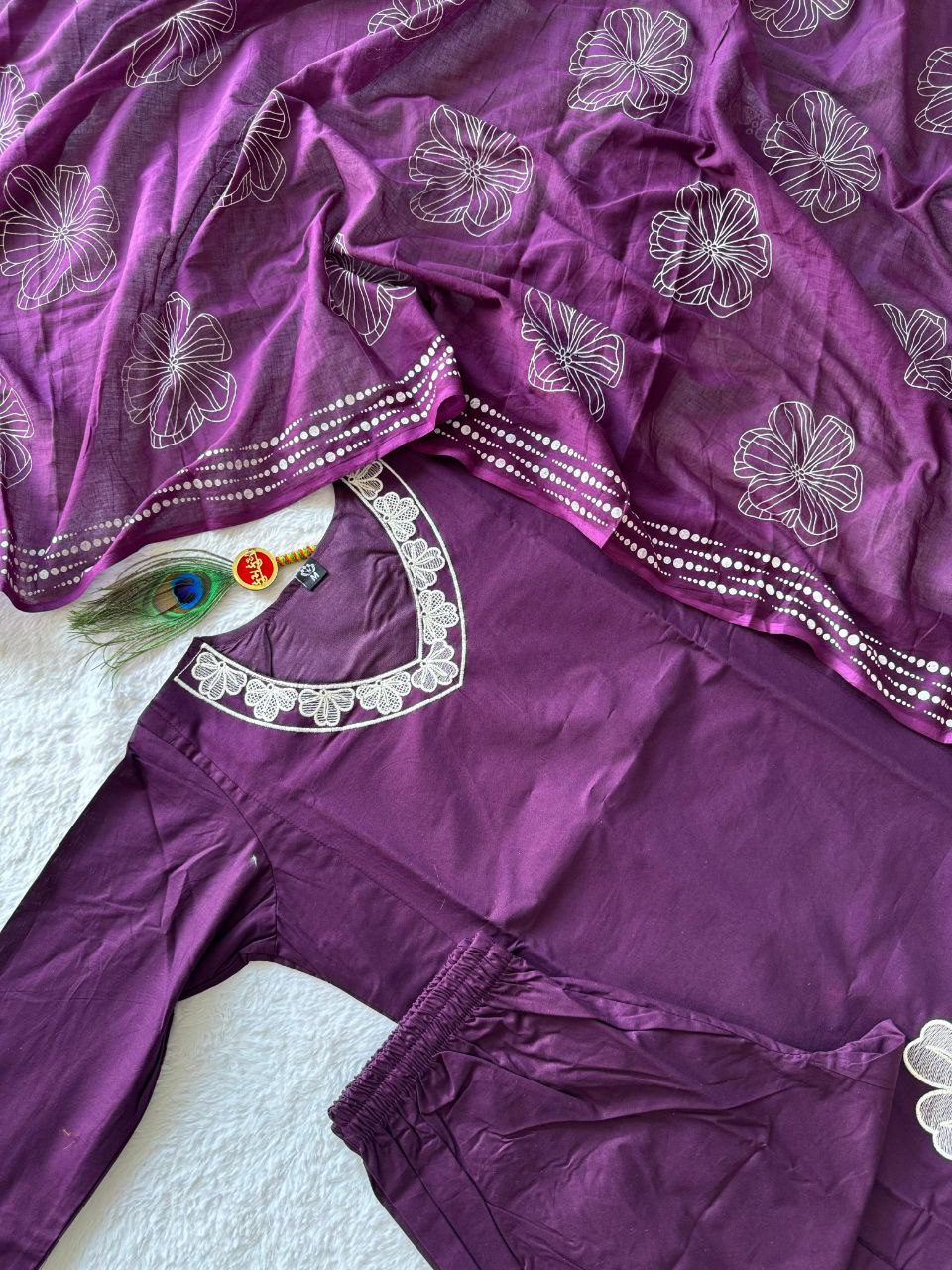 Royal Plum Cotton Kurta Set with Bold White Floral Appliqué