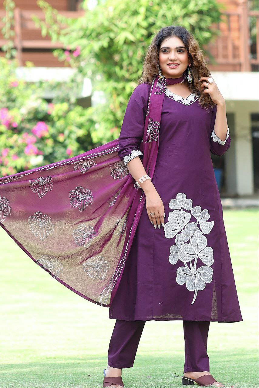 Royal Plum Cotton Kurta Set with Bold White Floral Appliqué