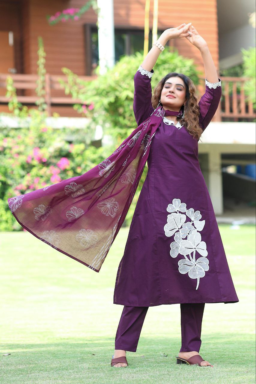 Royal Plum Cotton Kurta Set with Bold White Floral Appliqué