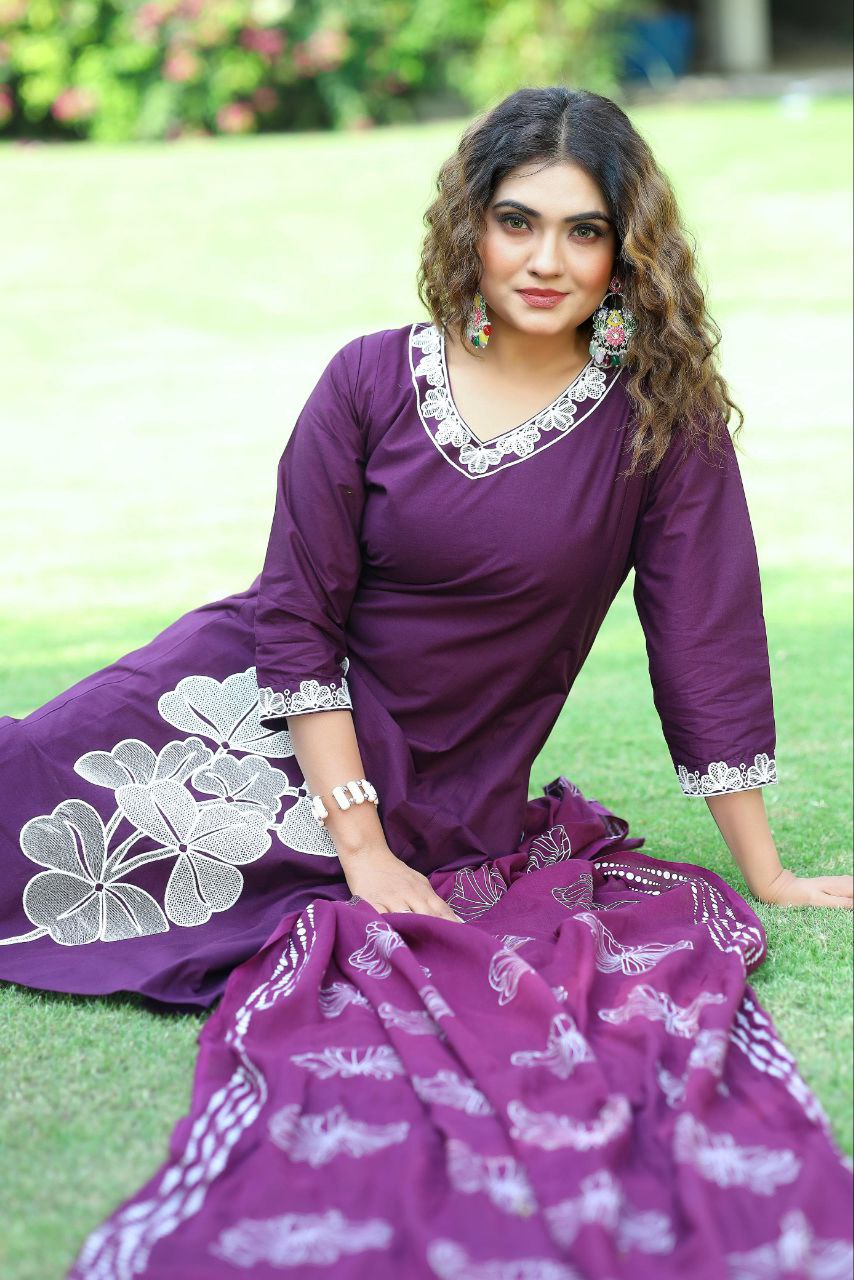 Royal Plum Cotton Kurta Set with Bold White Floral Appliqué