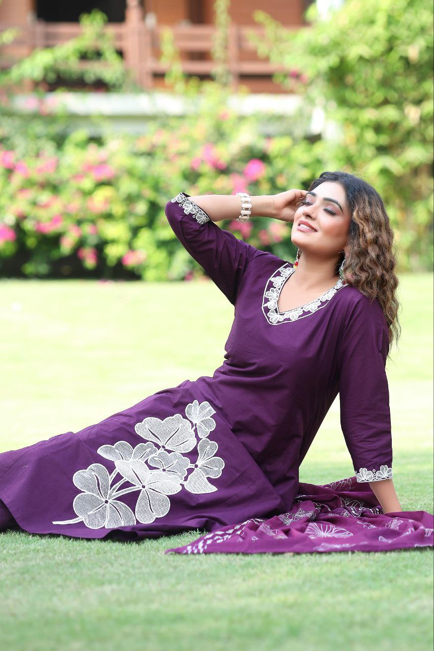 Royal Plum Cotton Kurta Set with Bold White Floral Appliqué