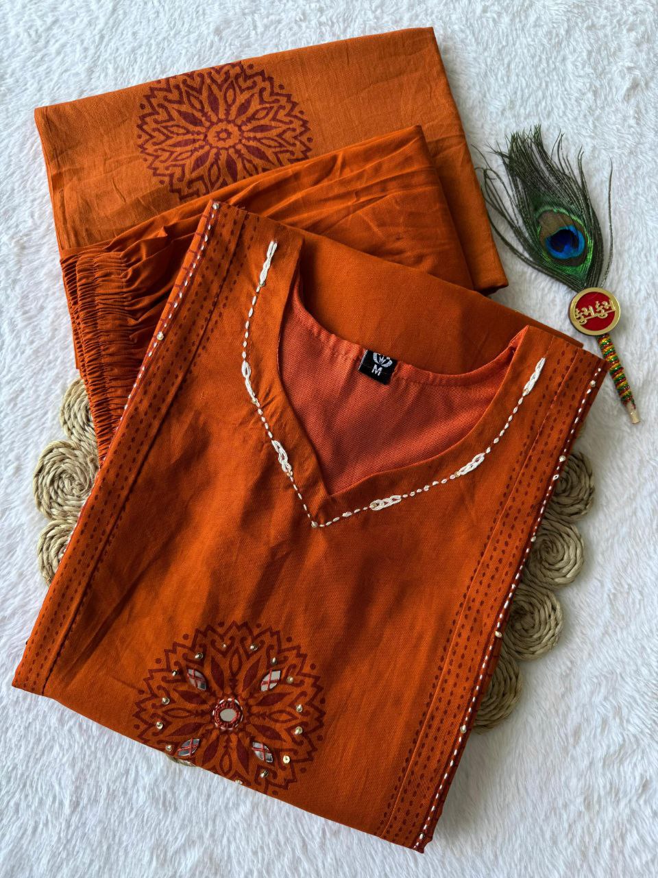 Rust Orange Cotton Kurta Set with Mirror-Work Mandala & Block-Printed Dupatta