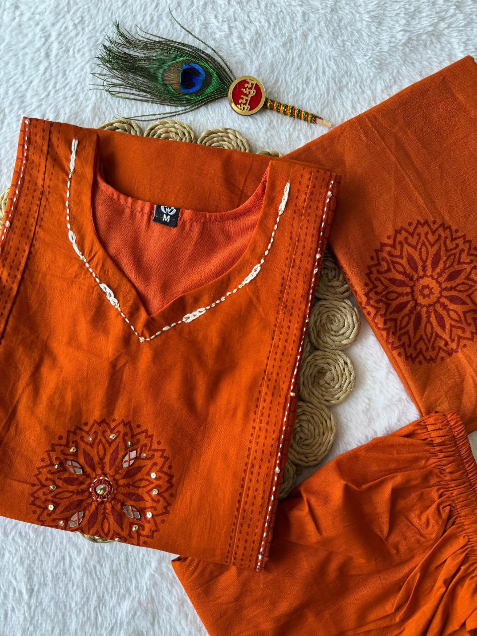 Rust Orange Cotton Kurta Set with Mirror-Work Mandala & Block-Printed Dupatta