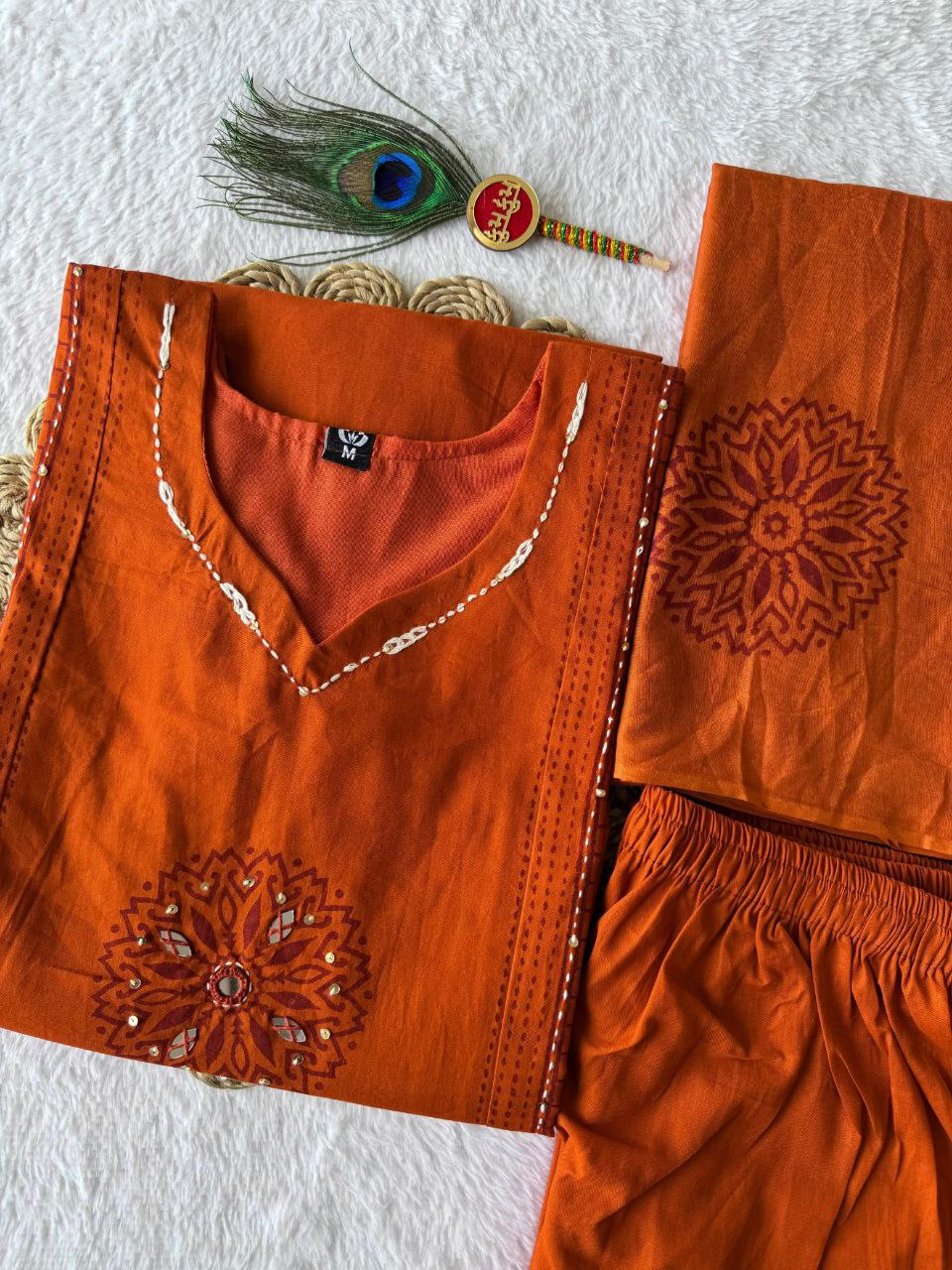 Rust Orange Cotton Kurta Set with Mirror-Work Mandala & Block-Printed Dupatta