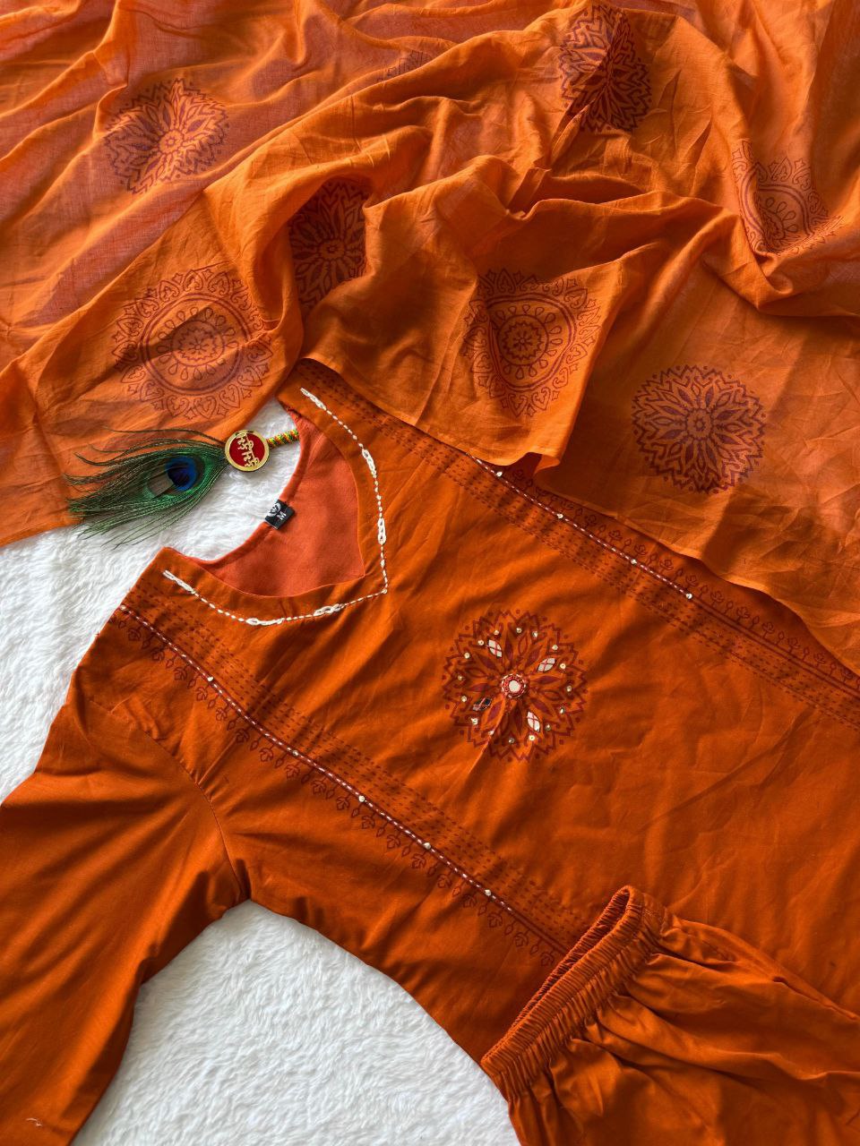 Rust Orange Cotton Kurta Set with Mirror-Work Mandala & Block-Printed Dupatta