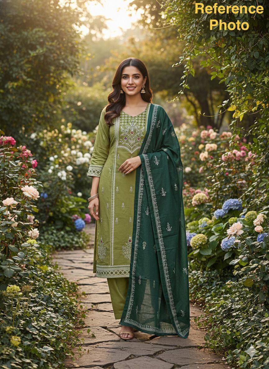 Olive & Emerald Dual-Tone Cotton Kurta Set with Intricate White Embroidery