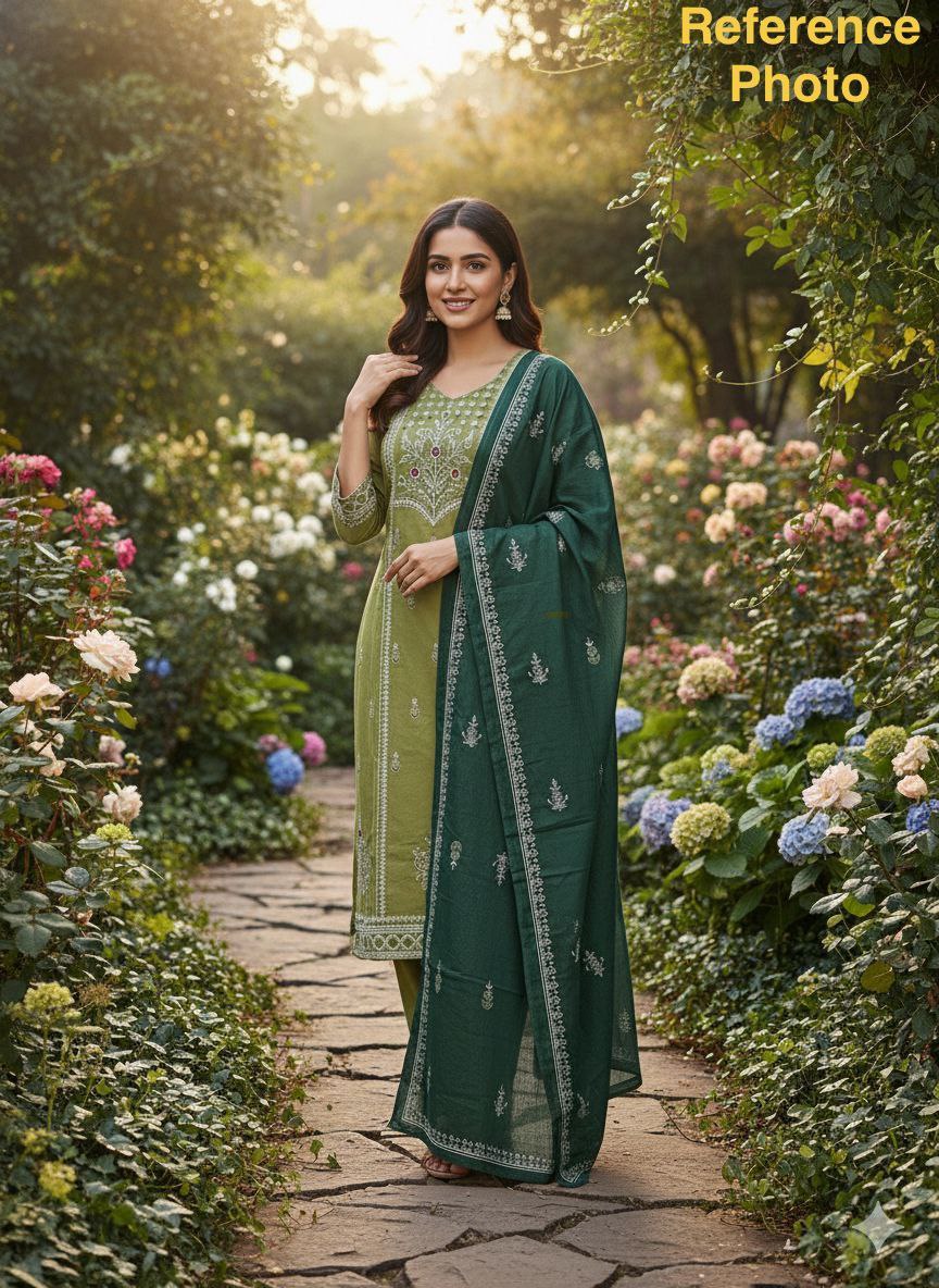 Olive & Emerald Dual-Tone Cotton Kurta Set with Intricate White Embroidery