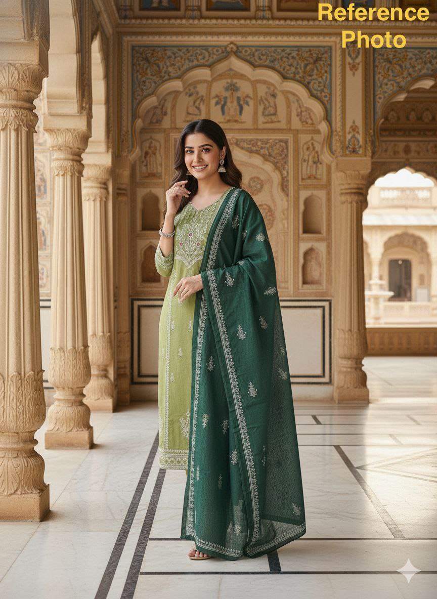 Olive & Emerald Dual-Tone Cotton Kurta Set with Intricate White Embroidery