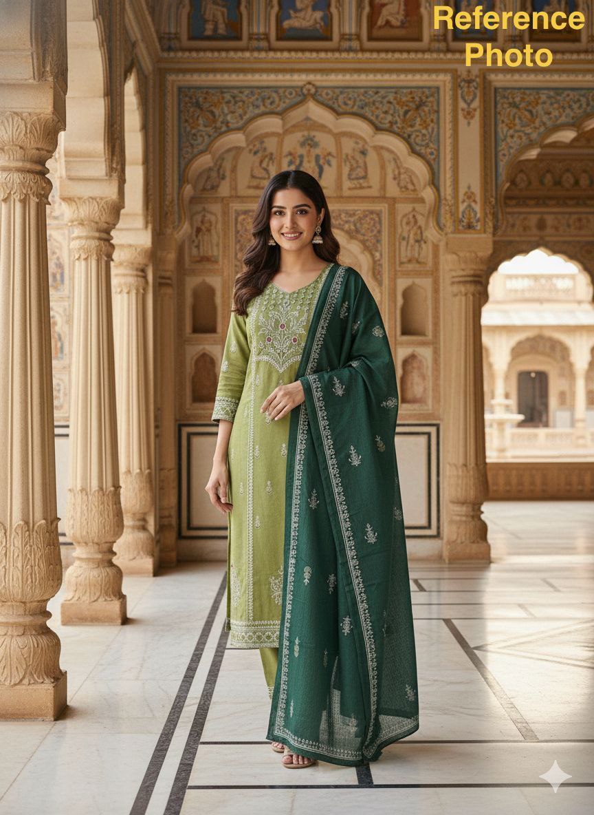 Olive & Emerald Dual-Tone Cotton Kurta Set with Intricate White Embroidery