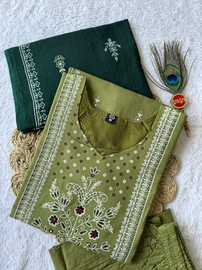 Olive & Emerald Dual-Tone Cotton Kurta Set with Intricate White Embroidery